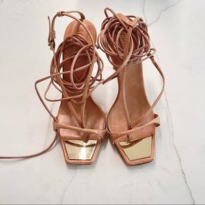 Nude Tie Up Sandal Heels With Gold Accent